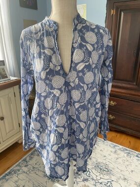 Dolma Shirt Dress-Tunic-Swim Cover Up- Medium- Blue/White Boho Floral